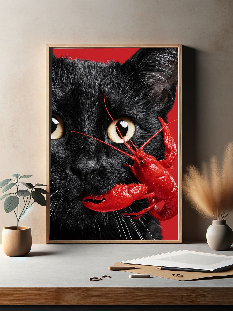 Black Cat and Lobster Surreal Print. — room view 2