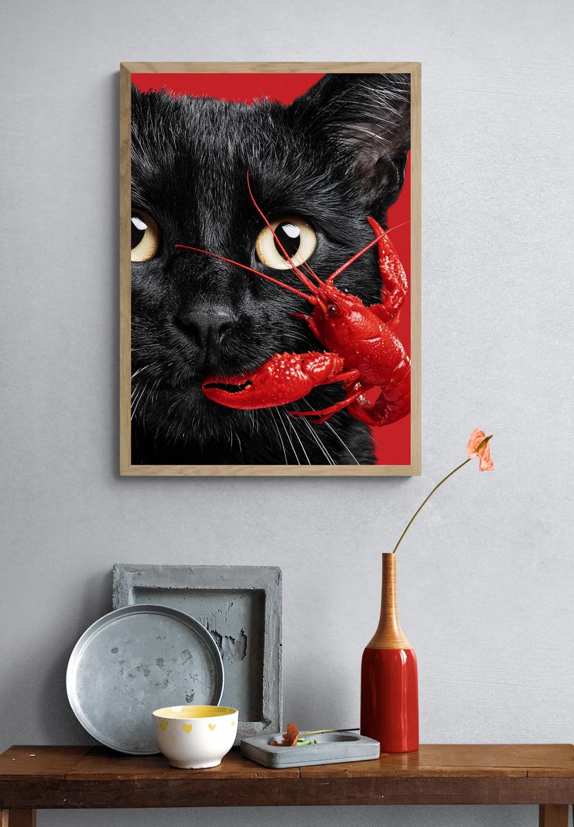 Black Cat and Lobster Surreal Print. — room view 3