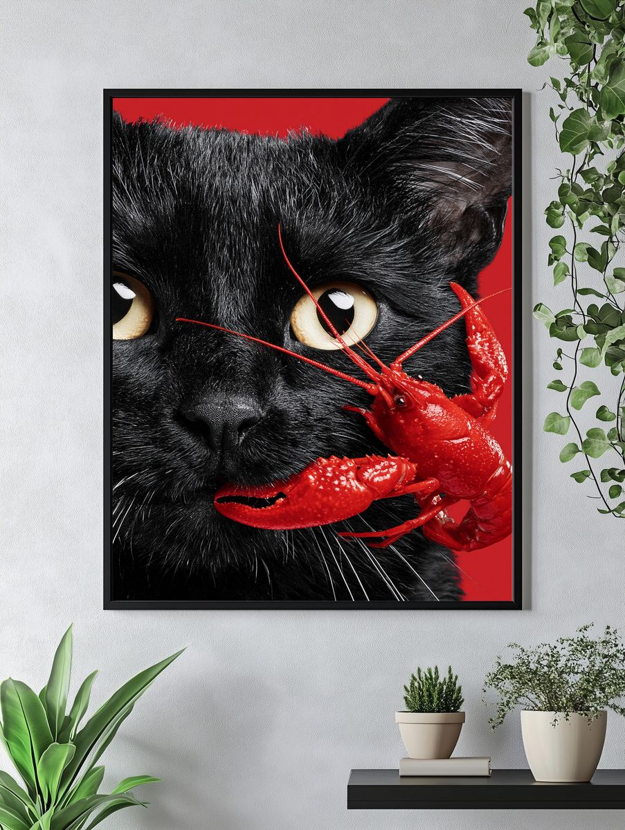 Black Cat and Lobster Surreal Print. — room view 4