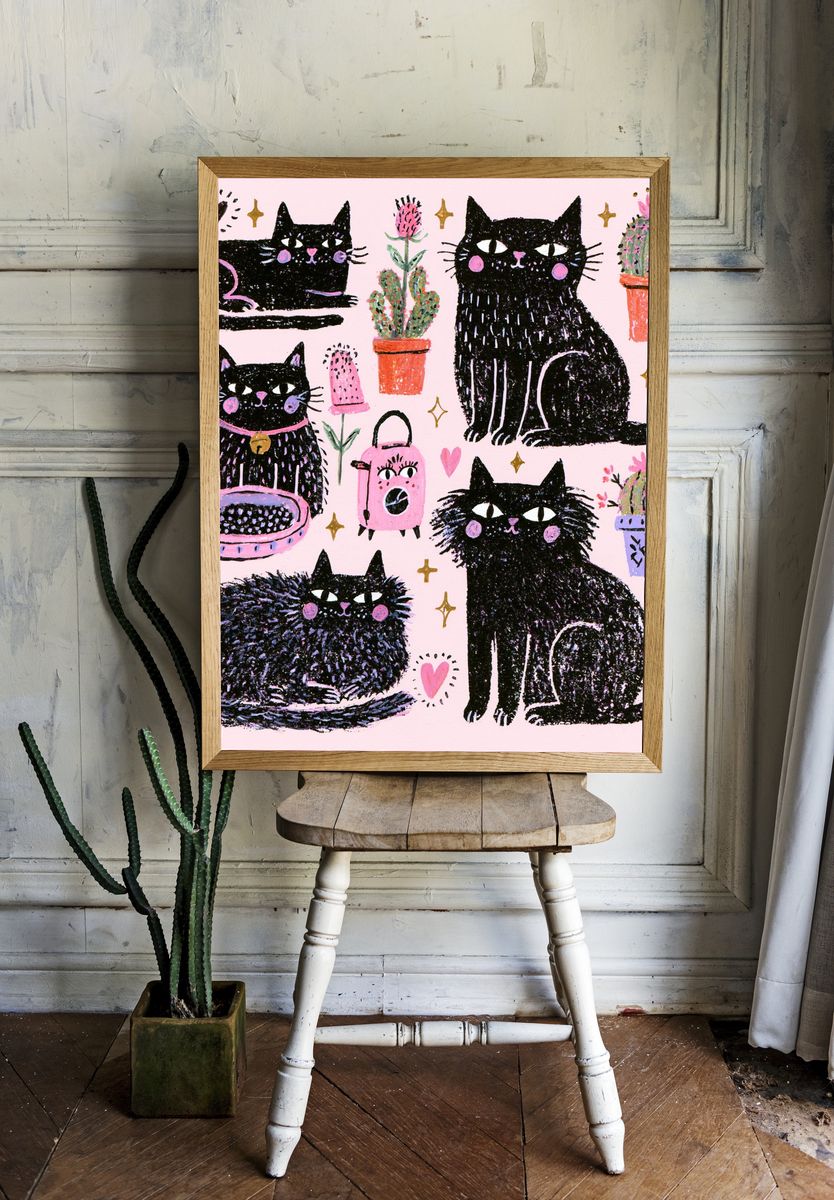 Playful Black Cats Illustration Poster. — room view 1