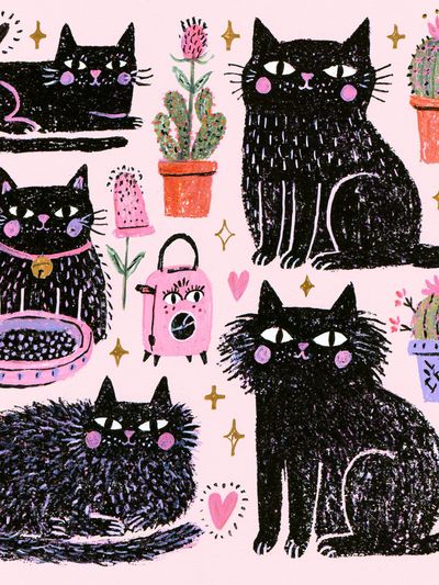 Playful Black Cats Illustration Poster.