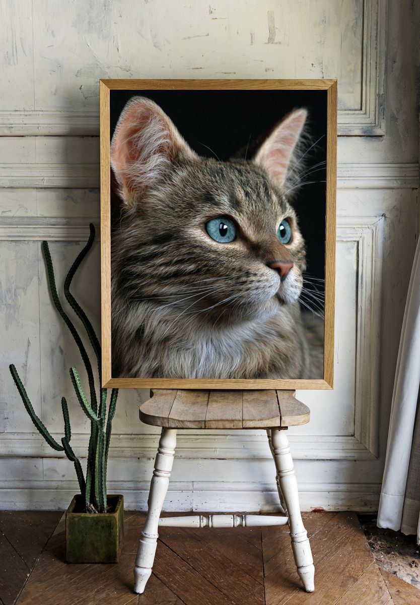 Blue-Eyed Tabby Cat Photography Poster. room preview