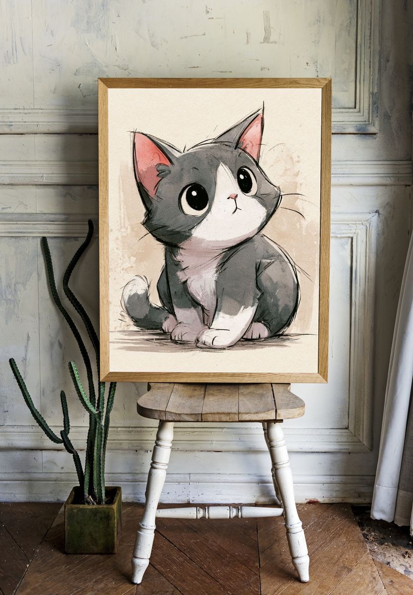 Cute Tuxedo Cat Watercolor Poster. room preview