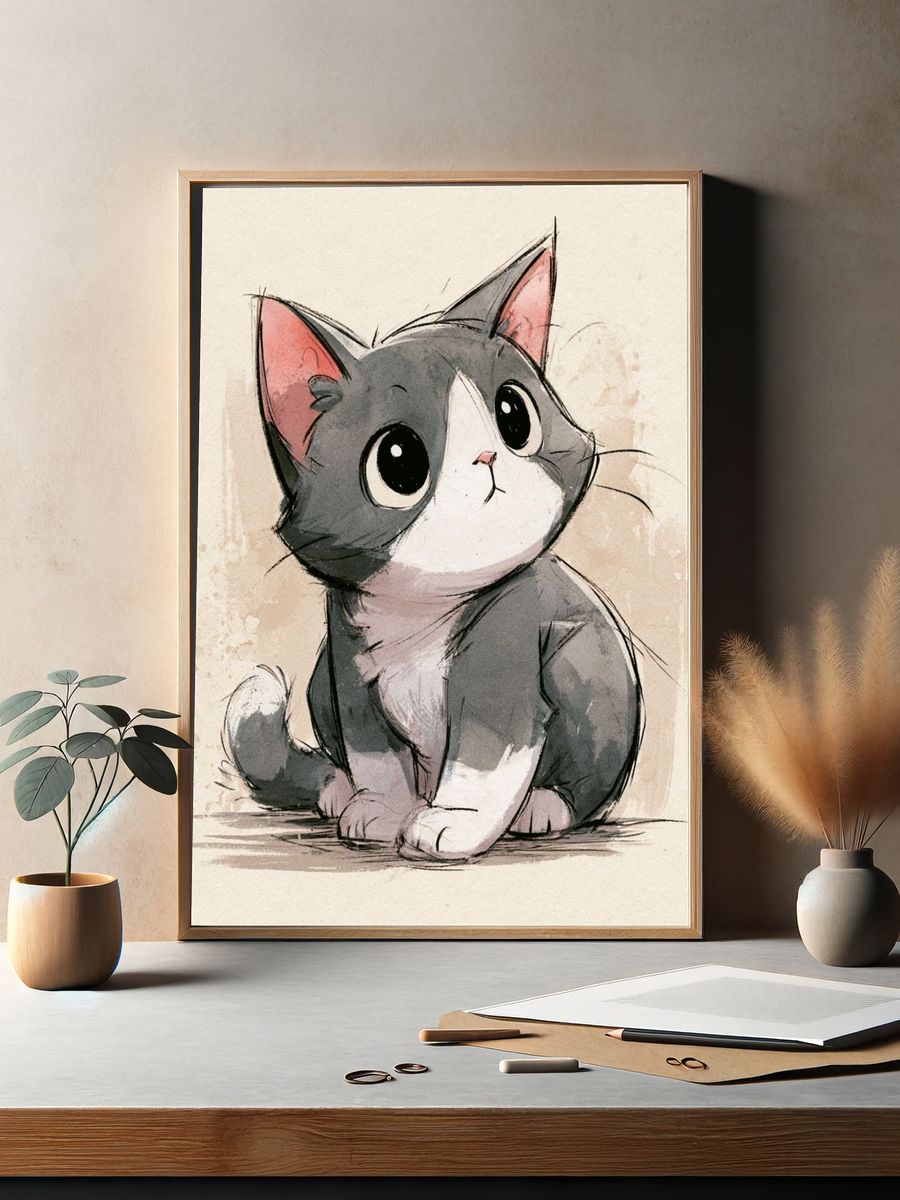 Cute Tuxedo Cat Watercolor Poster. — room view 2