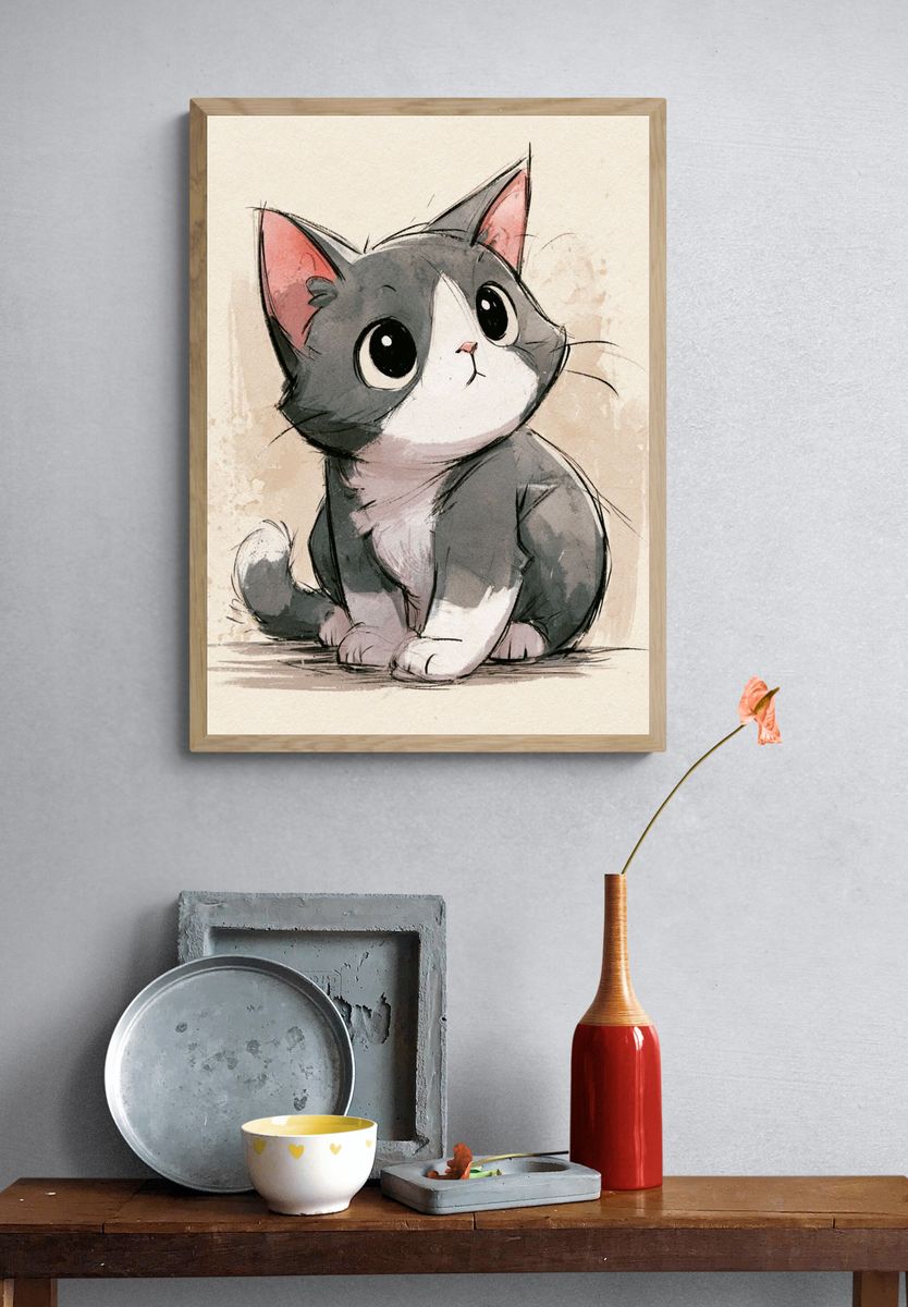 Cute Tuxedo Cat Watercolor Poster. — room view 3