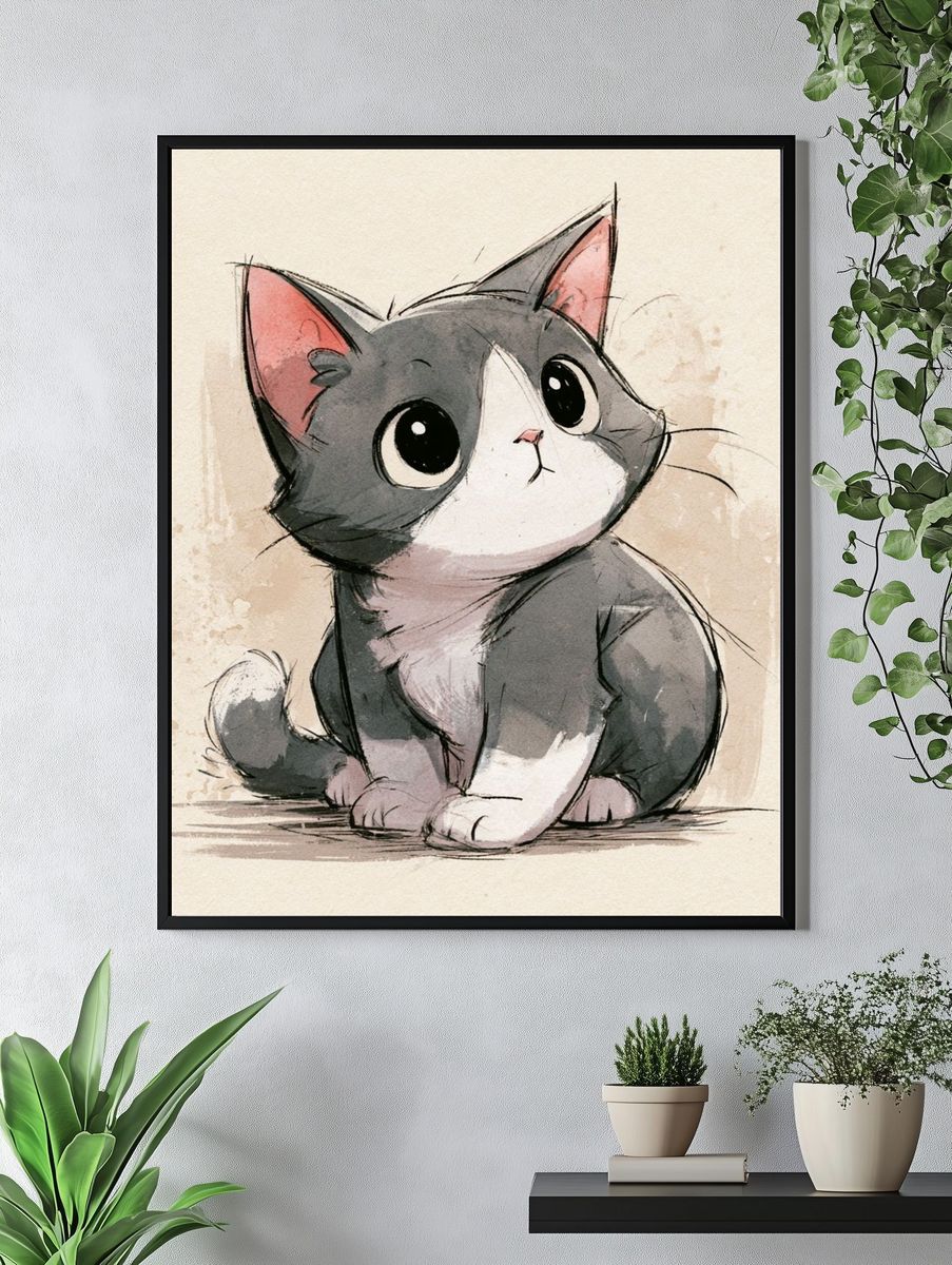 Cute Tuxedo Cat Watercolor Poster. — room view 4