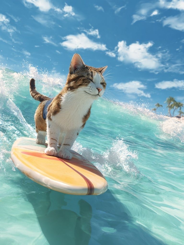 Surfing Cat — Fun Illustration Print. poster — animals art