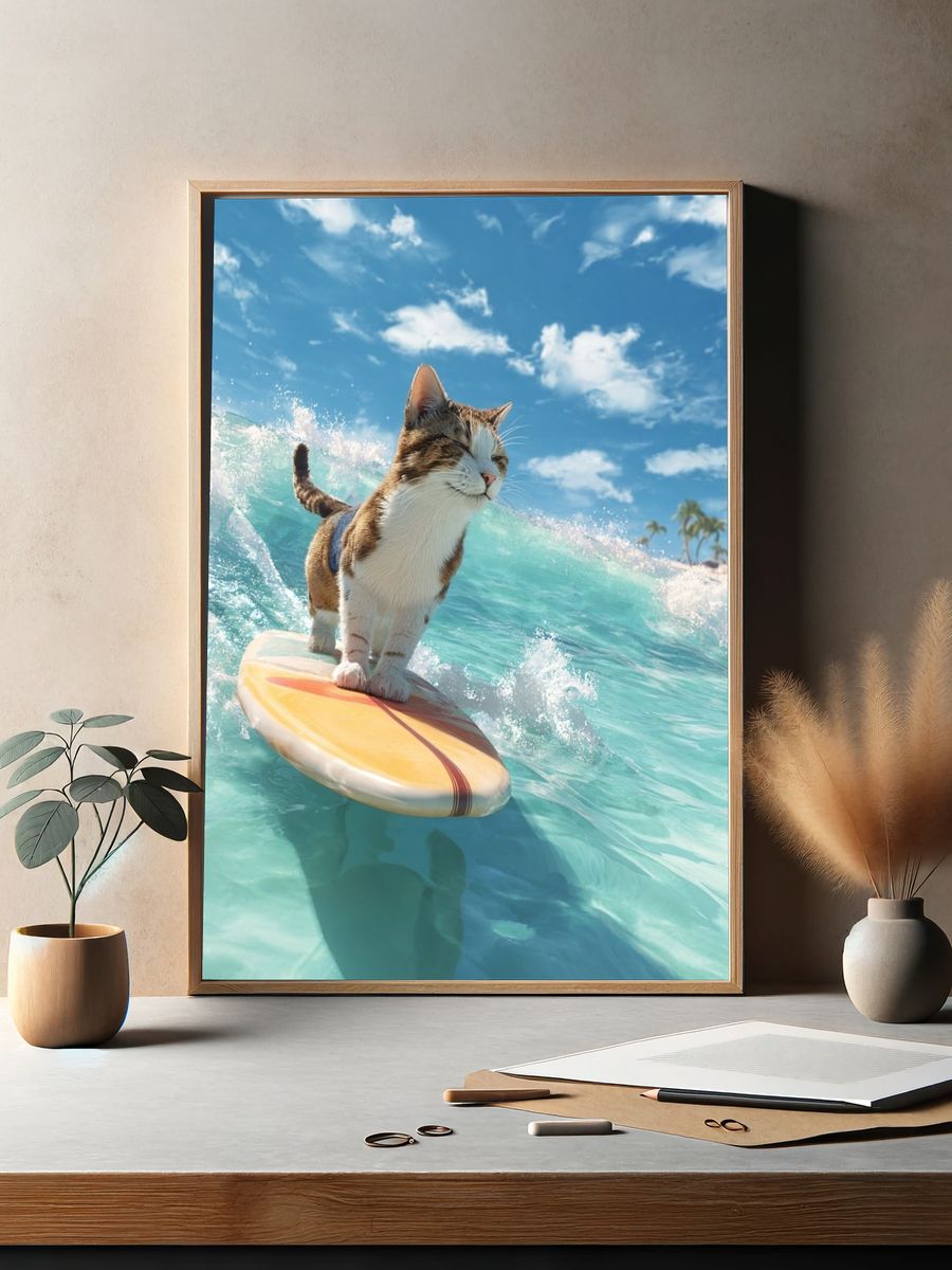 Surfing Cat — Fun Illustration Print. — room view 2
