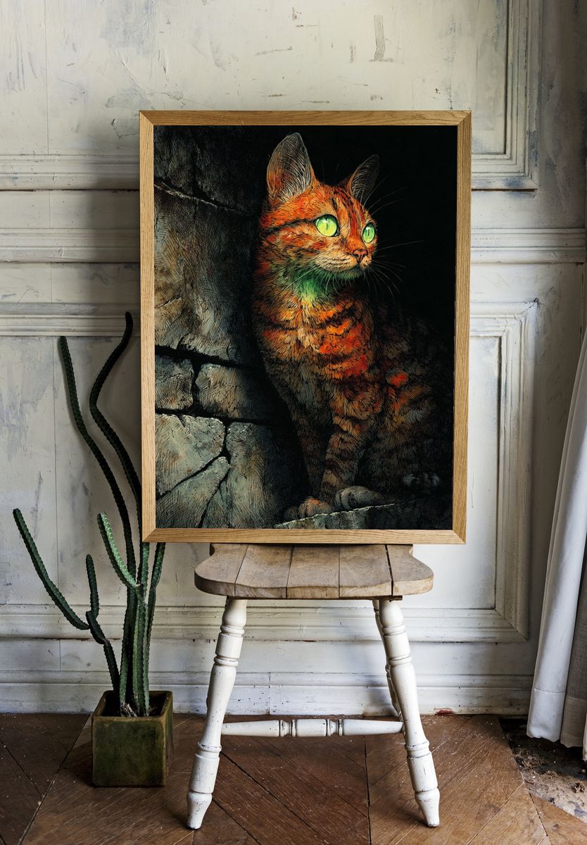 Glowing Tabby Cat Illustration Poster. — room view 1