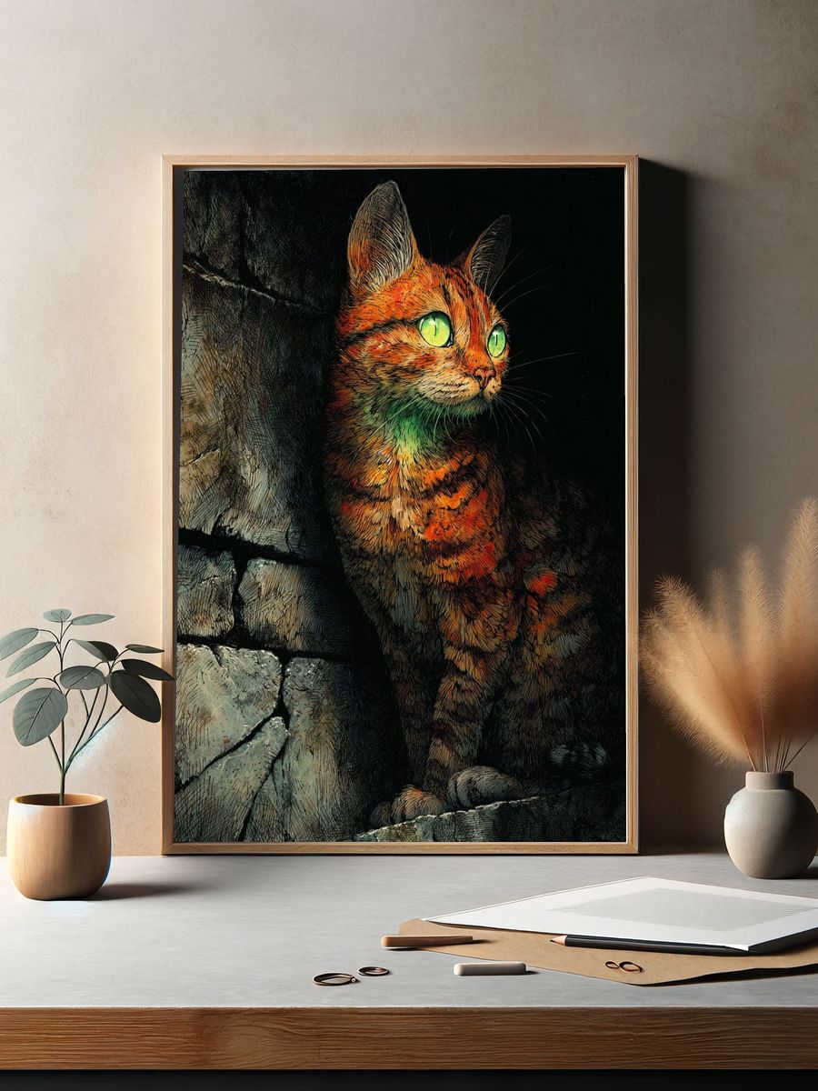 Glowing Tabby Cat Illustration Poster. — room view 2