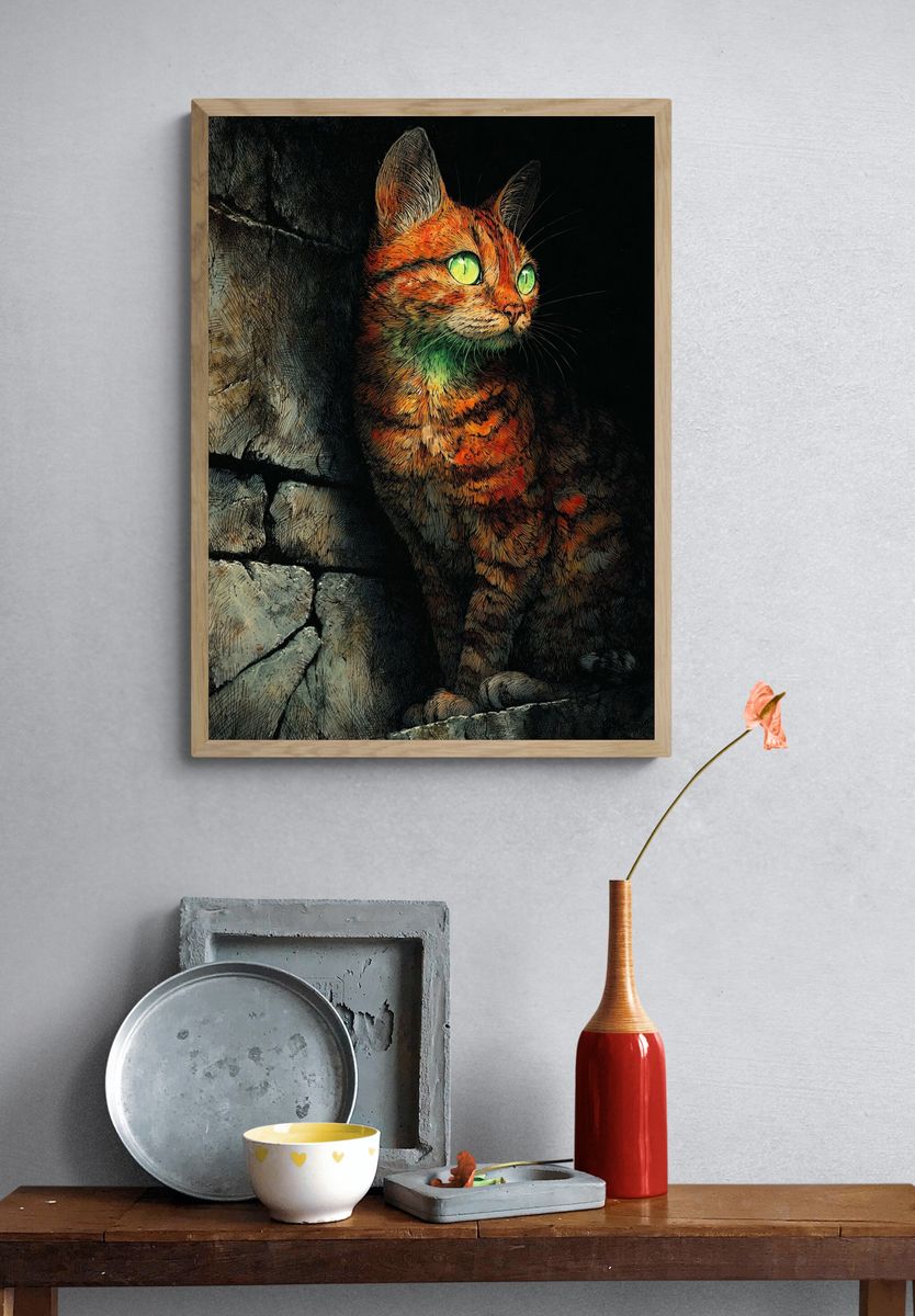 Glowing Tabby Cat Illustration Poster. — room view 3