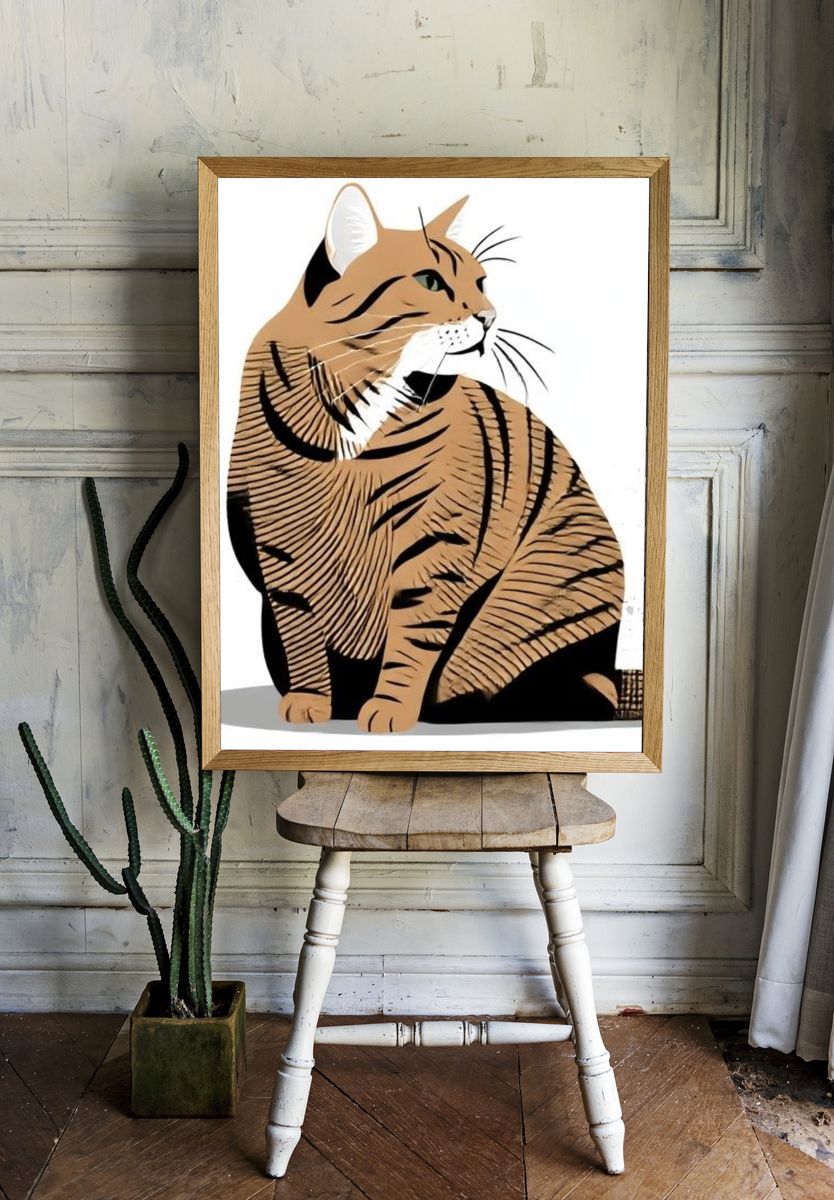 Sitting Tabby Cat Illustration Poster. — room view 1
