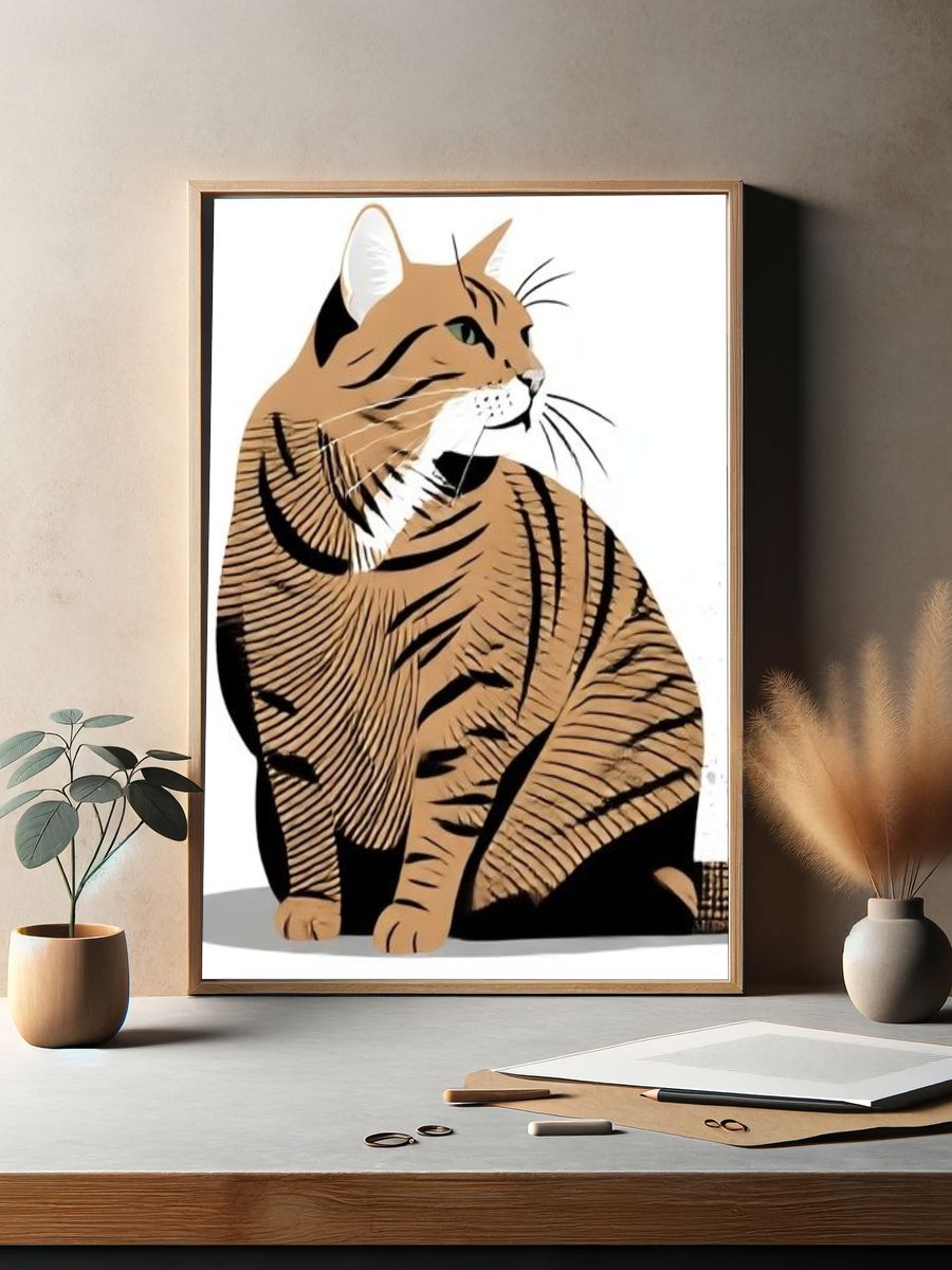 Sitting Tabby Cat Illustration Poster. — room view 2