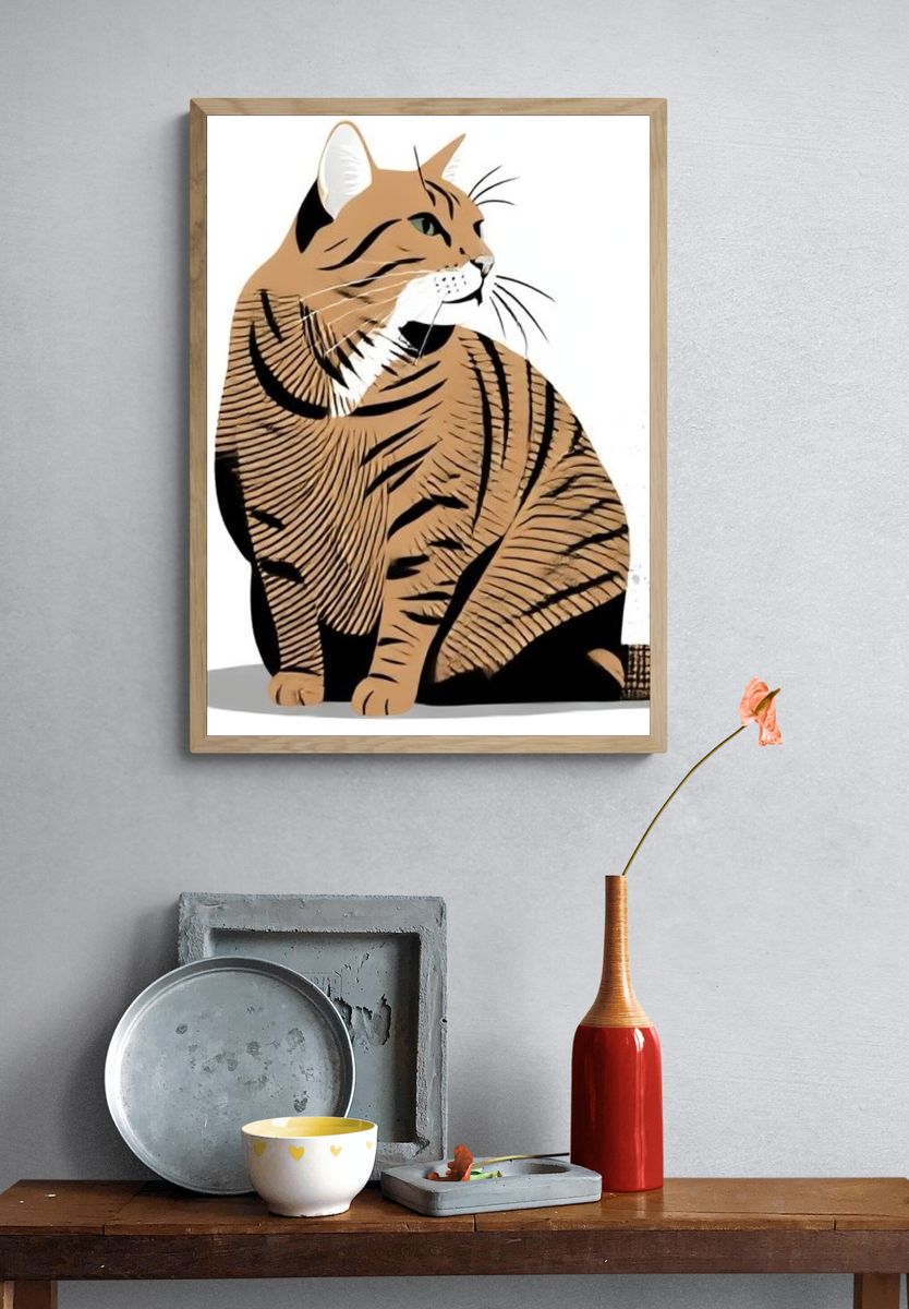 Sitting Tabby Cat Illustration Poster. — room view 3
