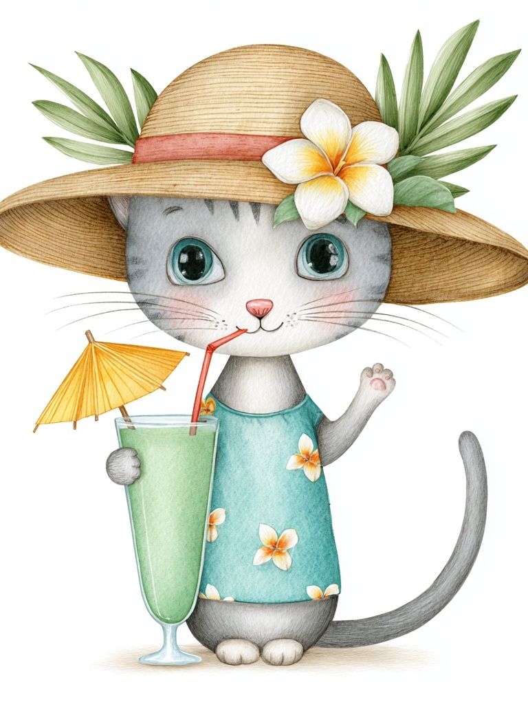 Tropical Cat Watercolor Poster. poster detail