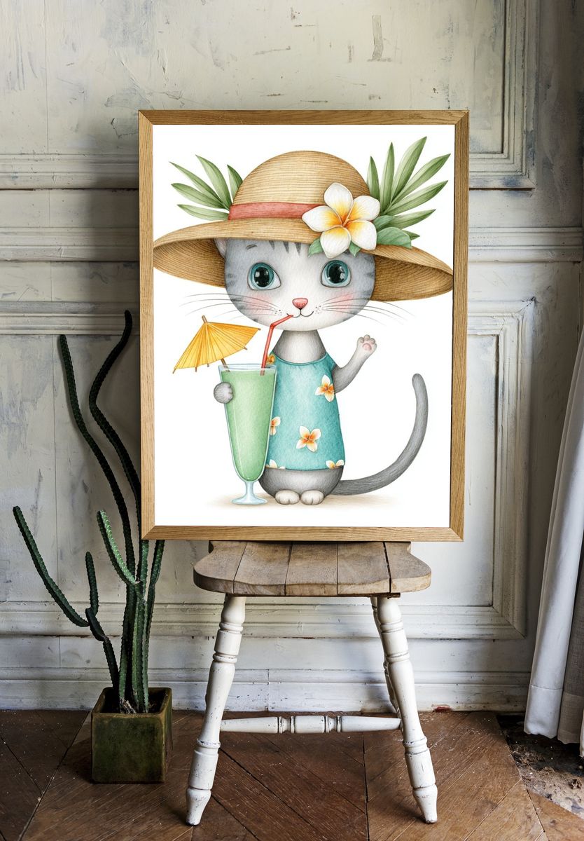 Tropical Cat Watercolor Poster. — room view 1