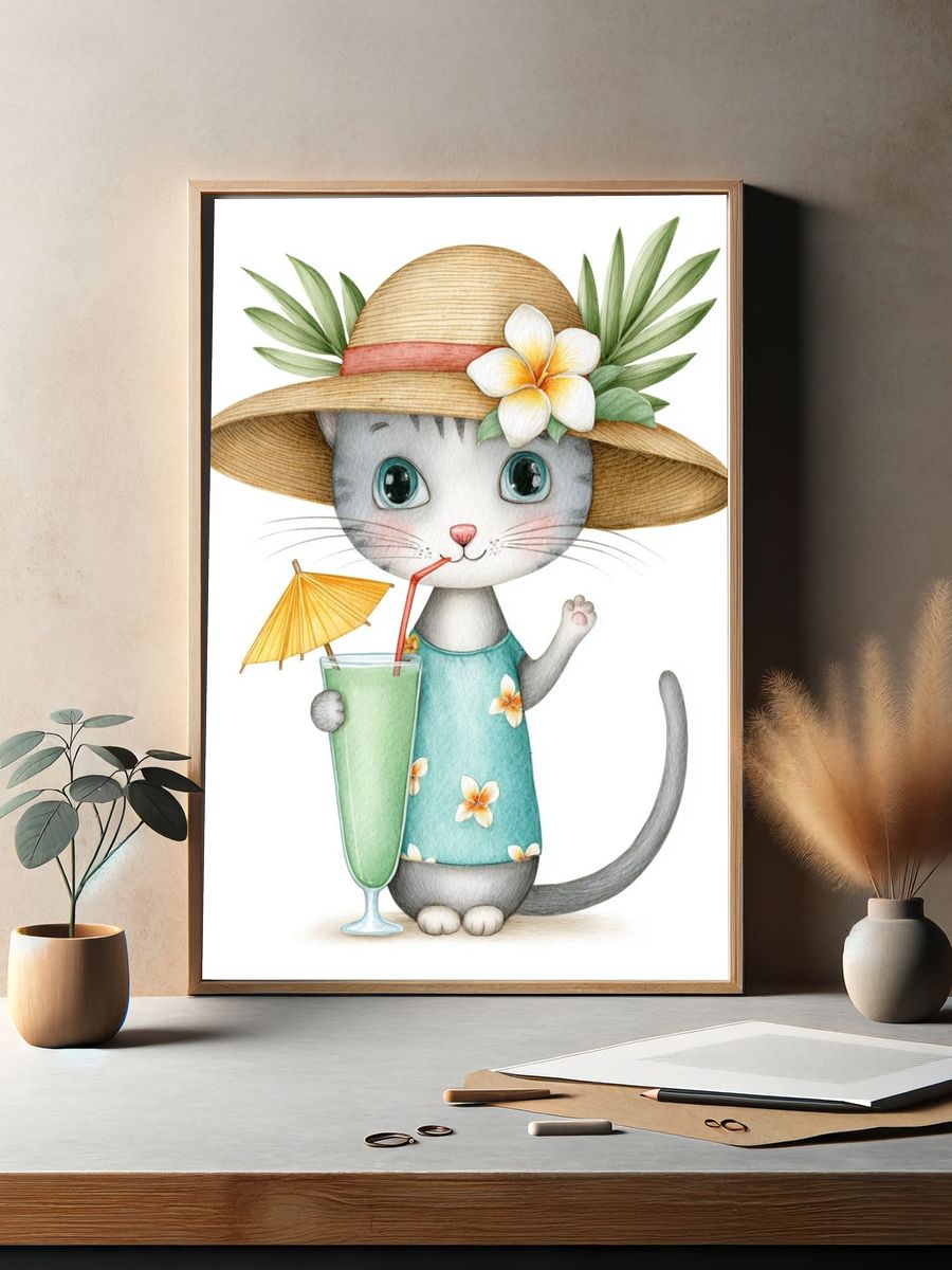 Tropical Cat Watercolor Poster. — room view 2