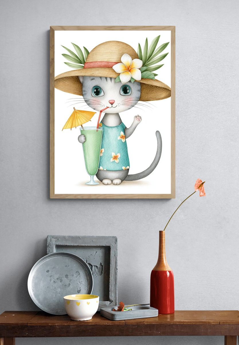 Tropical Cat Watercolor Poster. — room view 3