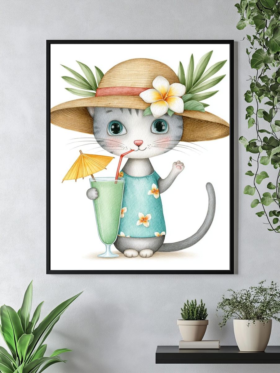 Tropical Cat Watercolor Poster. — room view 4