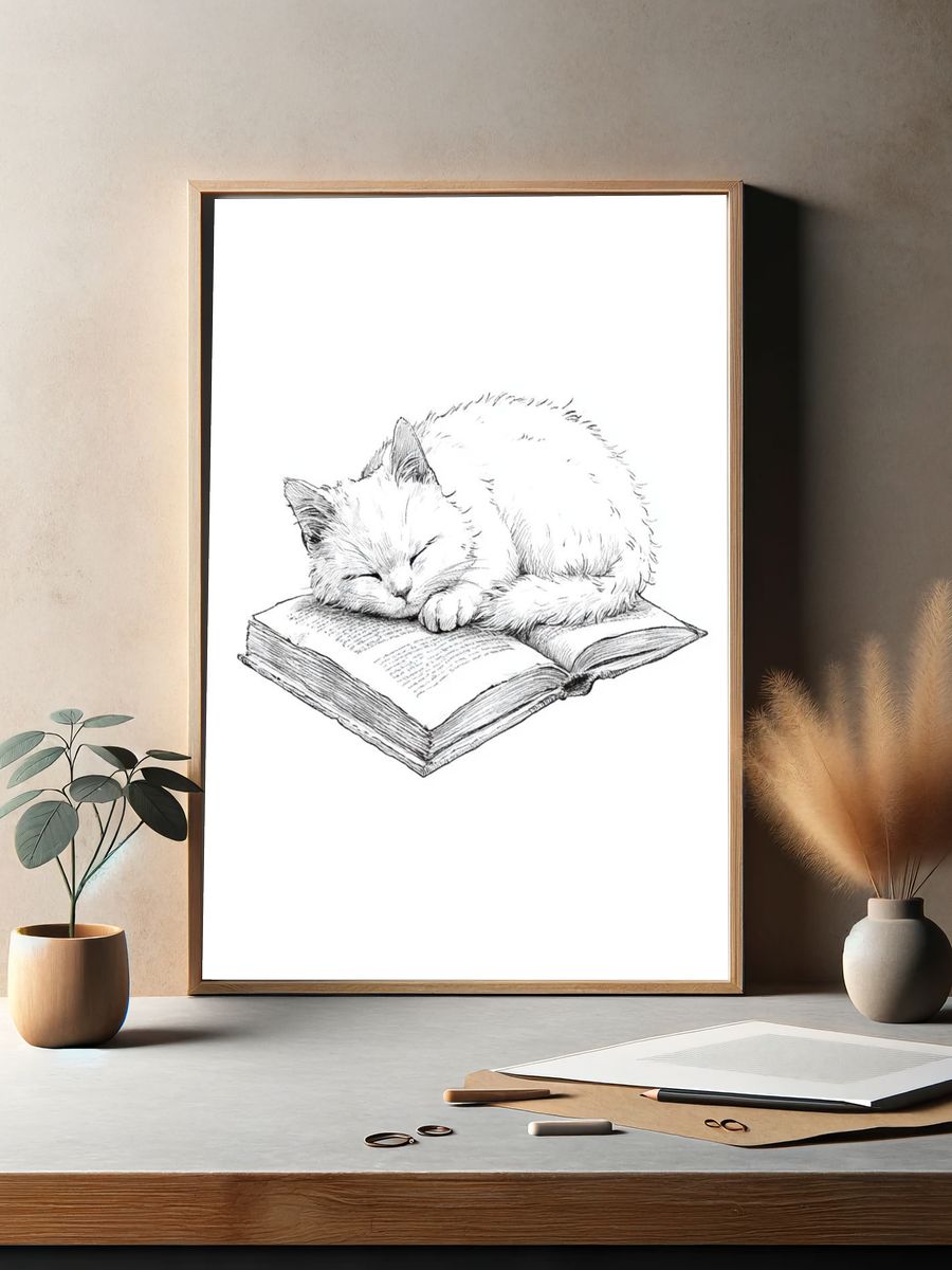 Sleeping Cat on Book Illustration Poster. — room view 2