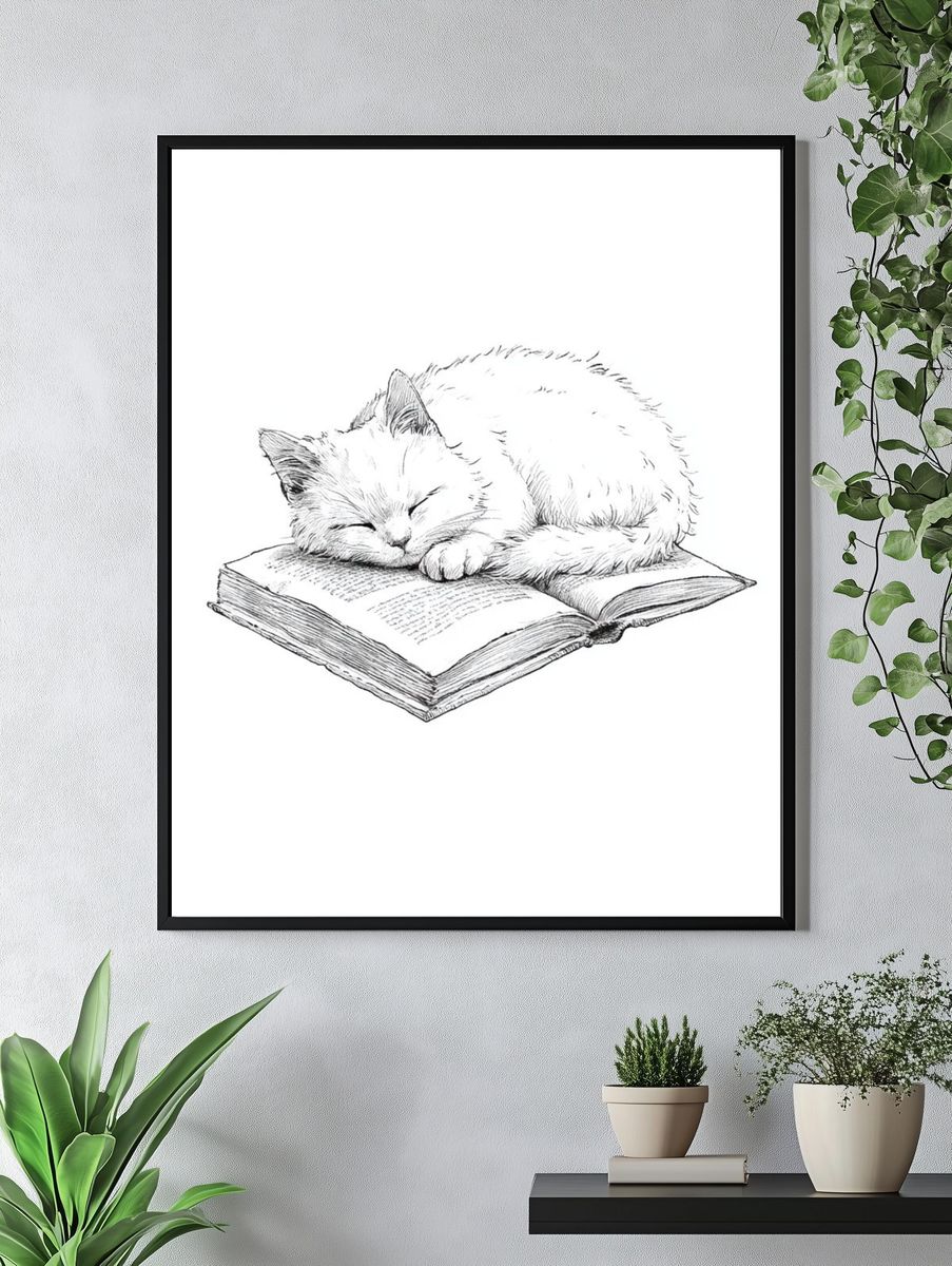 Sleeping Cat on Book Illustration Poster. — room view 4