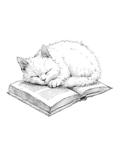 Sleeping Cat on Book Illustration Poster.