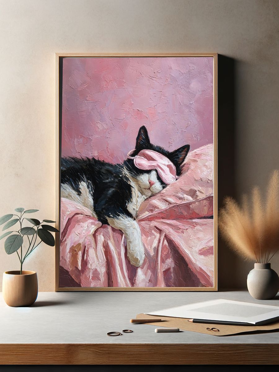 Sleeping Cat with Eye Mask — Illustration Print. — room view 2