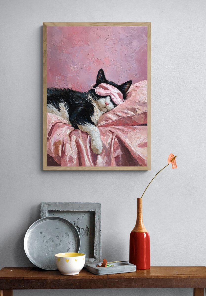 Sleeping Cat with Eye Mask — Illustration Print. — room view 3
