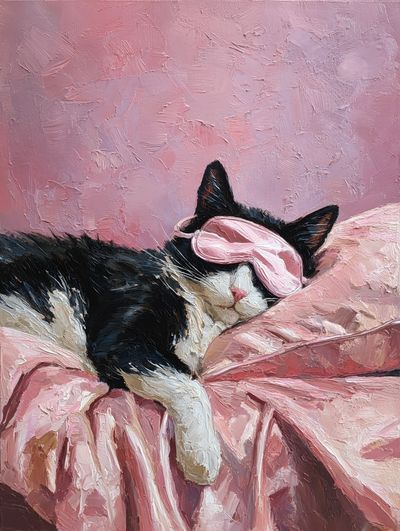 Sleeping Cat with Eye Mask — Illustration Print. poster print