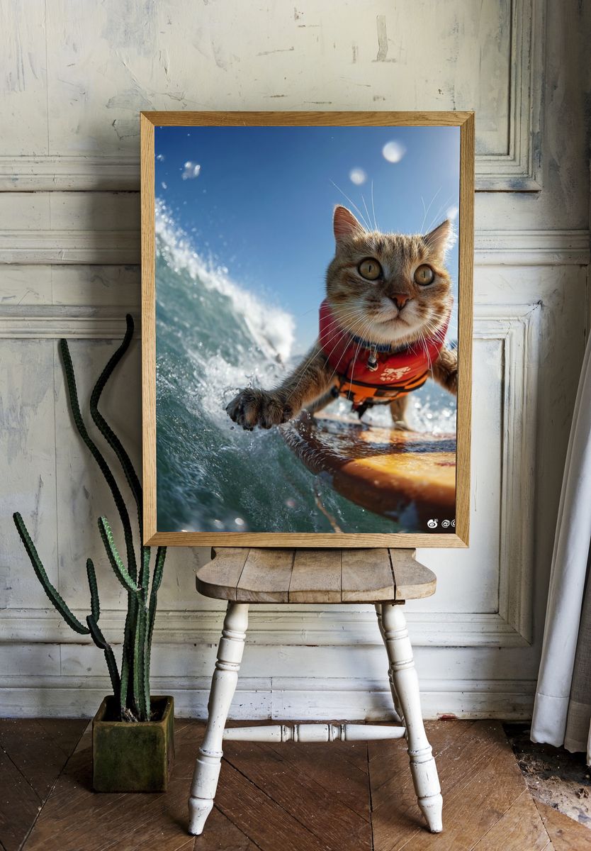 Surfing Cat — Fun Animal Print. — room view 1