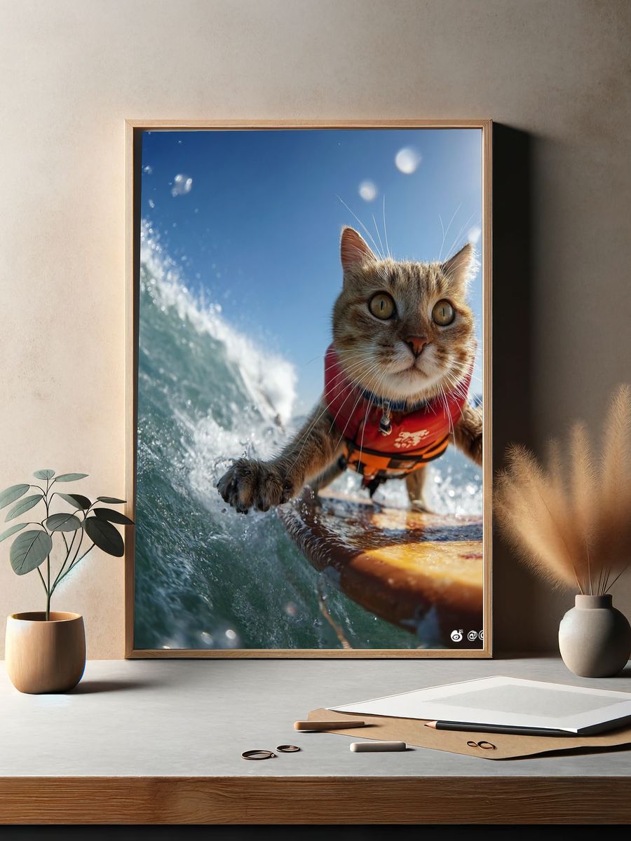 Surfing Cat — Fun Animal Print. — room view 2