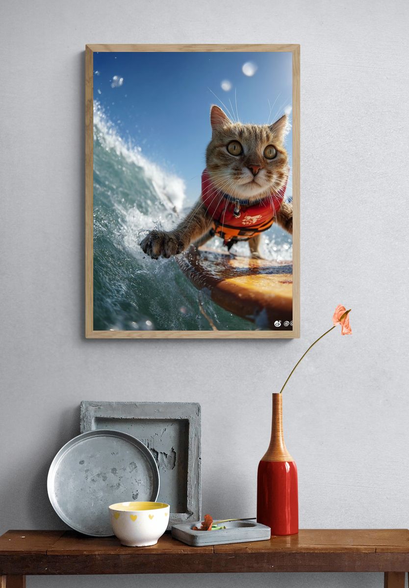Surfing Cat — Fun Animal Print. — room view 3