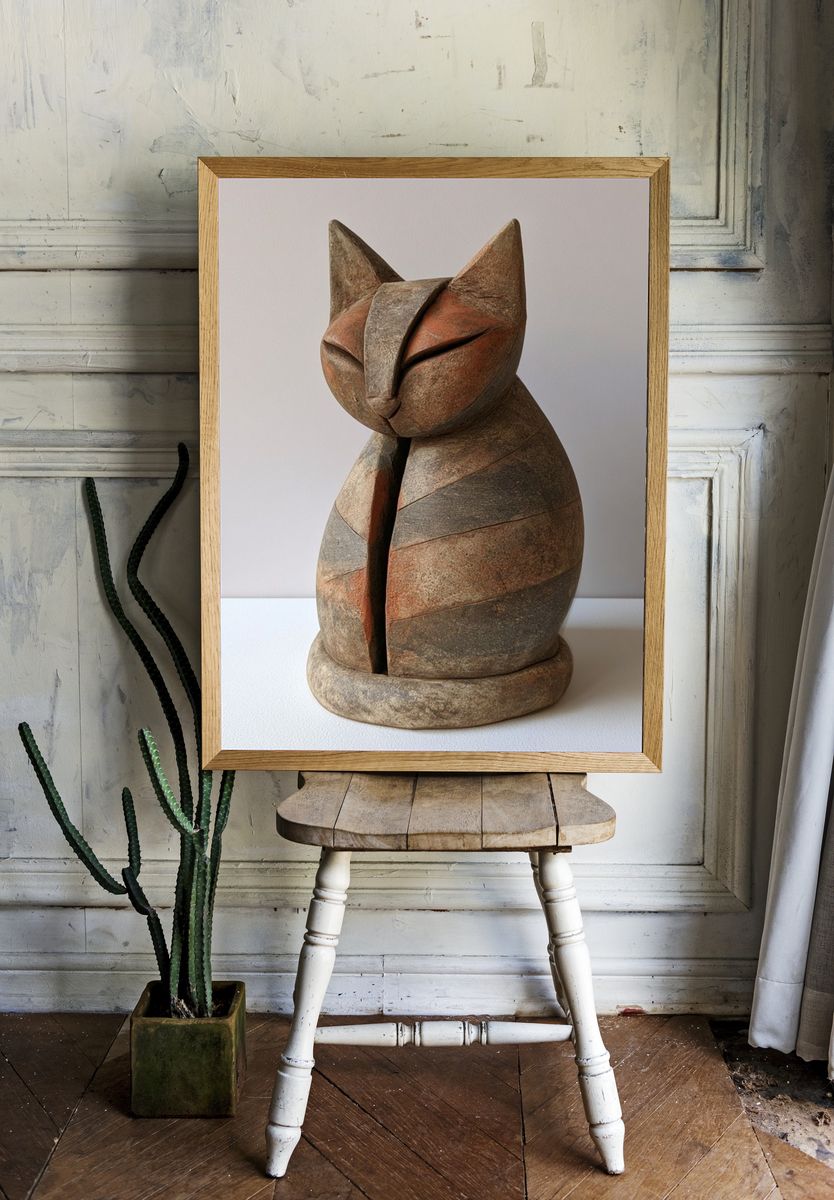 Wooden Cat Sculpture Print. — room view 1