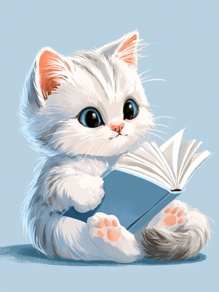 Kitten Reading Book Illustration Poster. poster — animals art