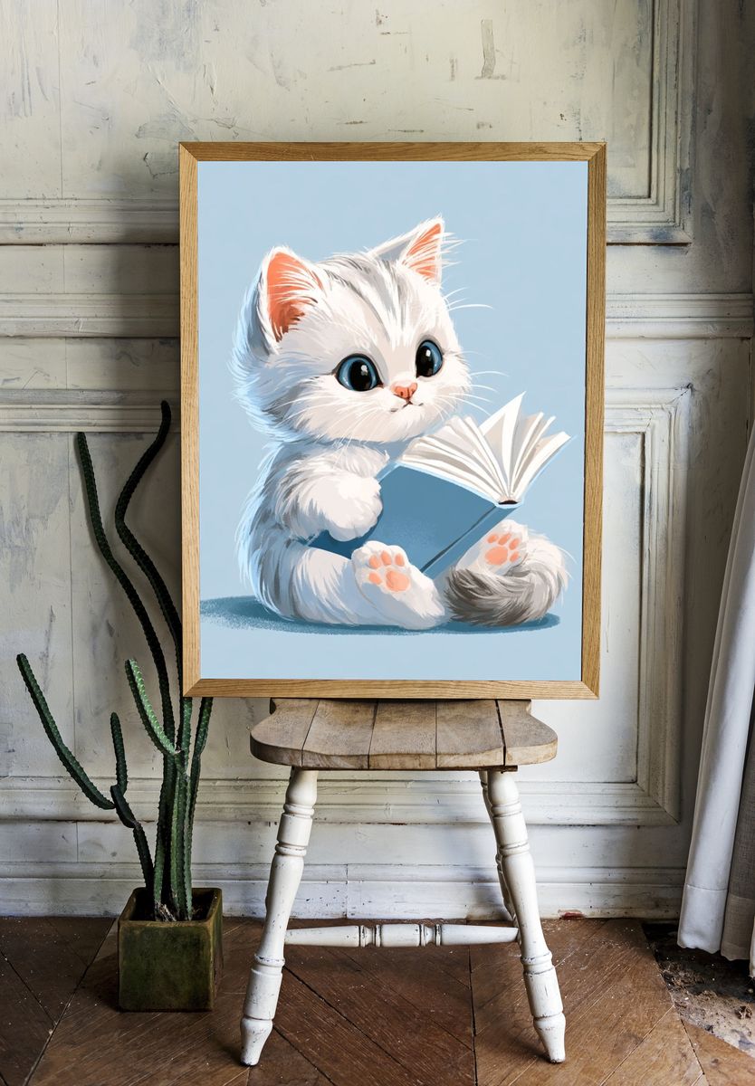 Kitten Reading Book Illustration Poster. room preview