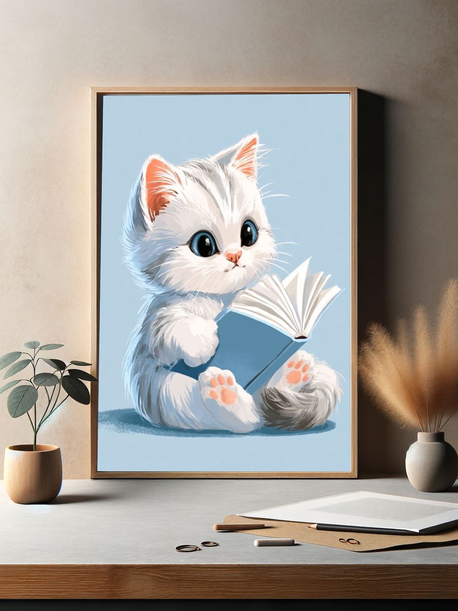 Kitten Reading Book Illustration Poster. — room view 2