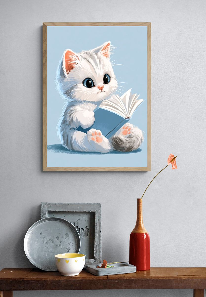 Kitten Reading Book Illustration Poster. — room view 3