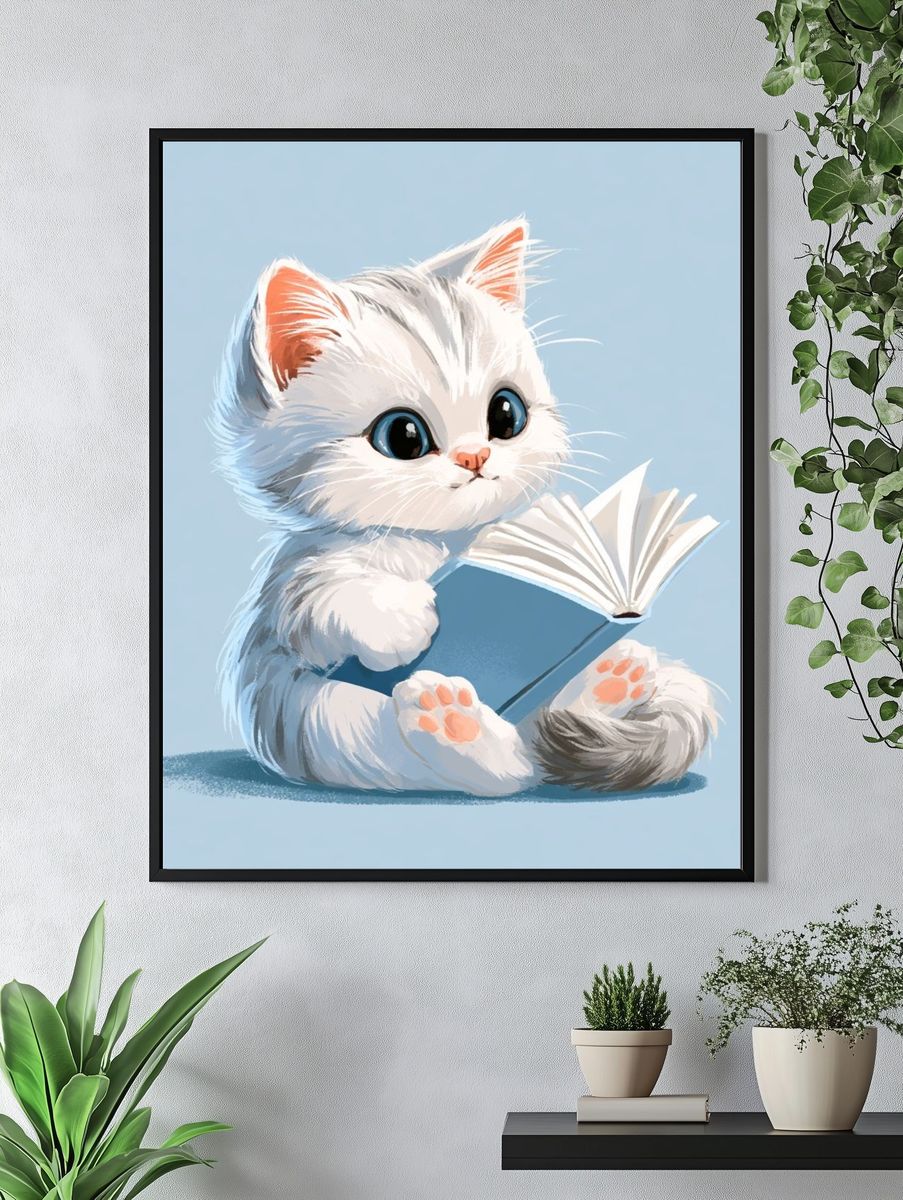 Kitten Reading Book Illustration Poster. — room view 4
