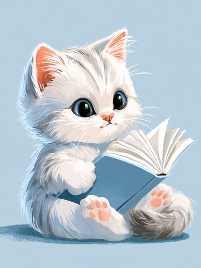 Kitten Reading Book Illustration Poster.
