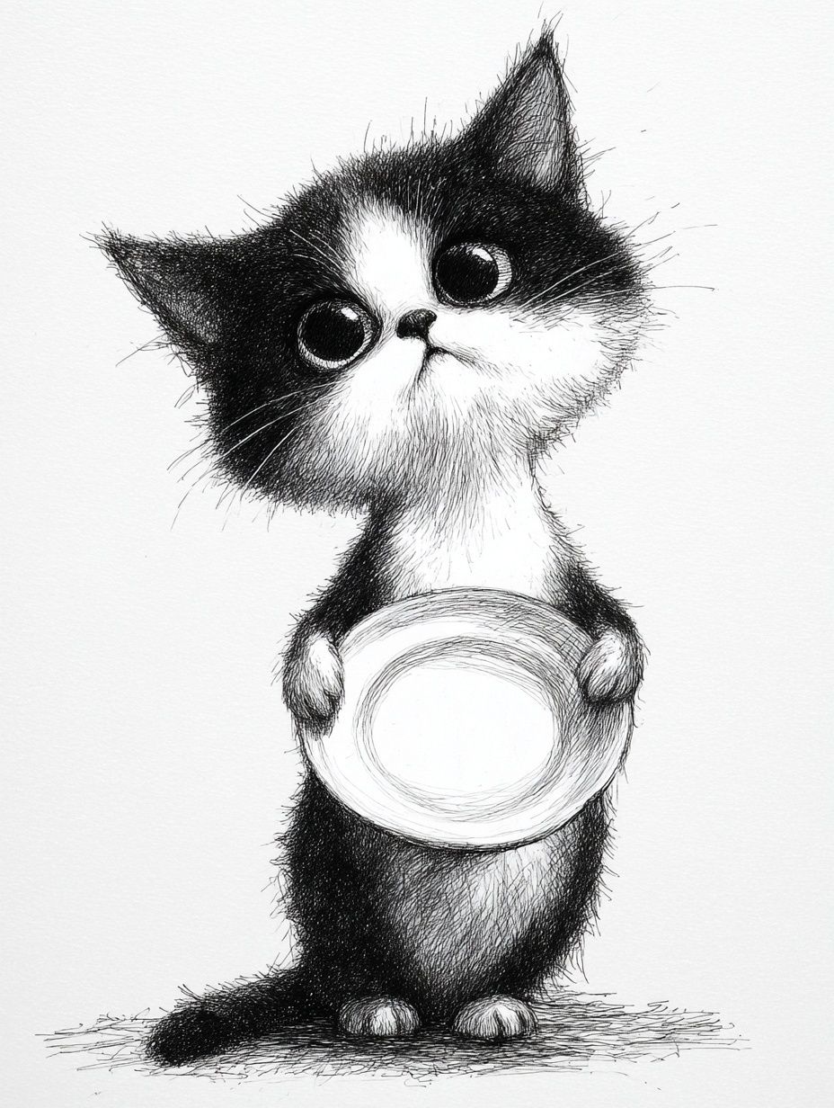Cute Cat Holding Plate — Illustration Print. poster — illustration art