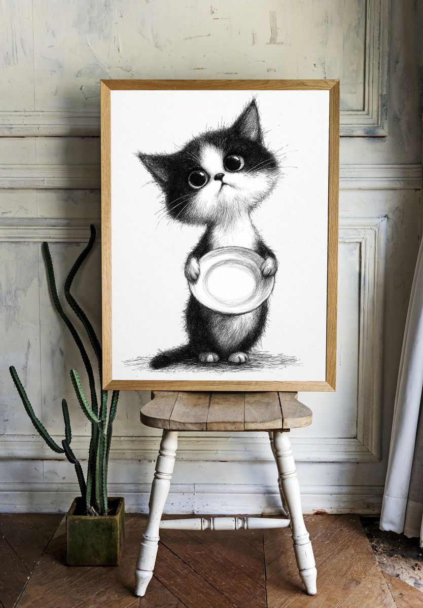 Cute Cat Holding Plate — Illustration Print. — room view 1