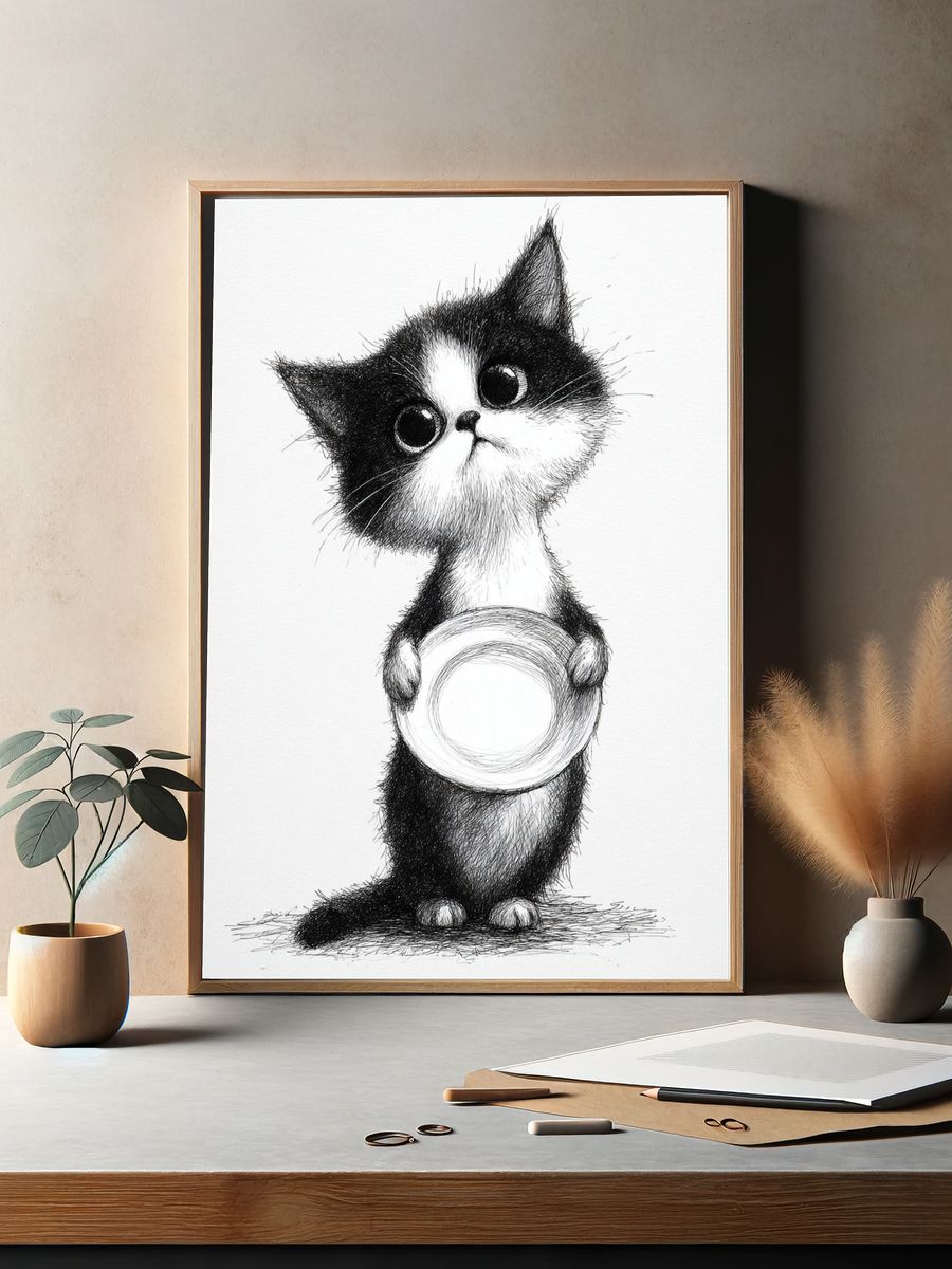 Cute Cat Holding Plate — Illustration Print. — room view 2