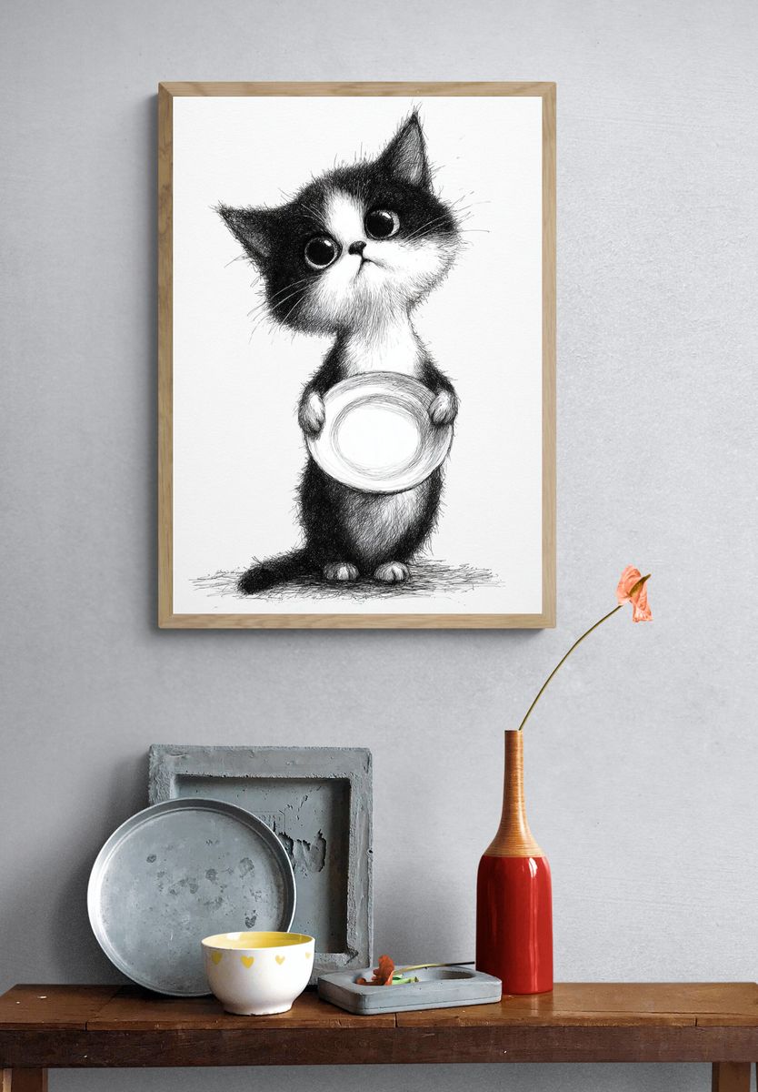 Cute Cat Holding Plate — Illustration Print. — room view 3