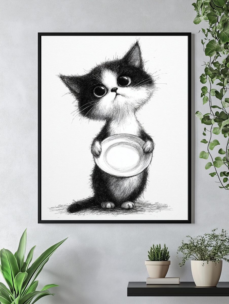 Cute Cat Holding Plate — Illustration Print. — room view 4