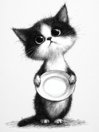 Cute Cat Holding Plate — Illustration Print. poster