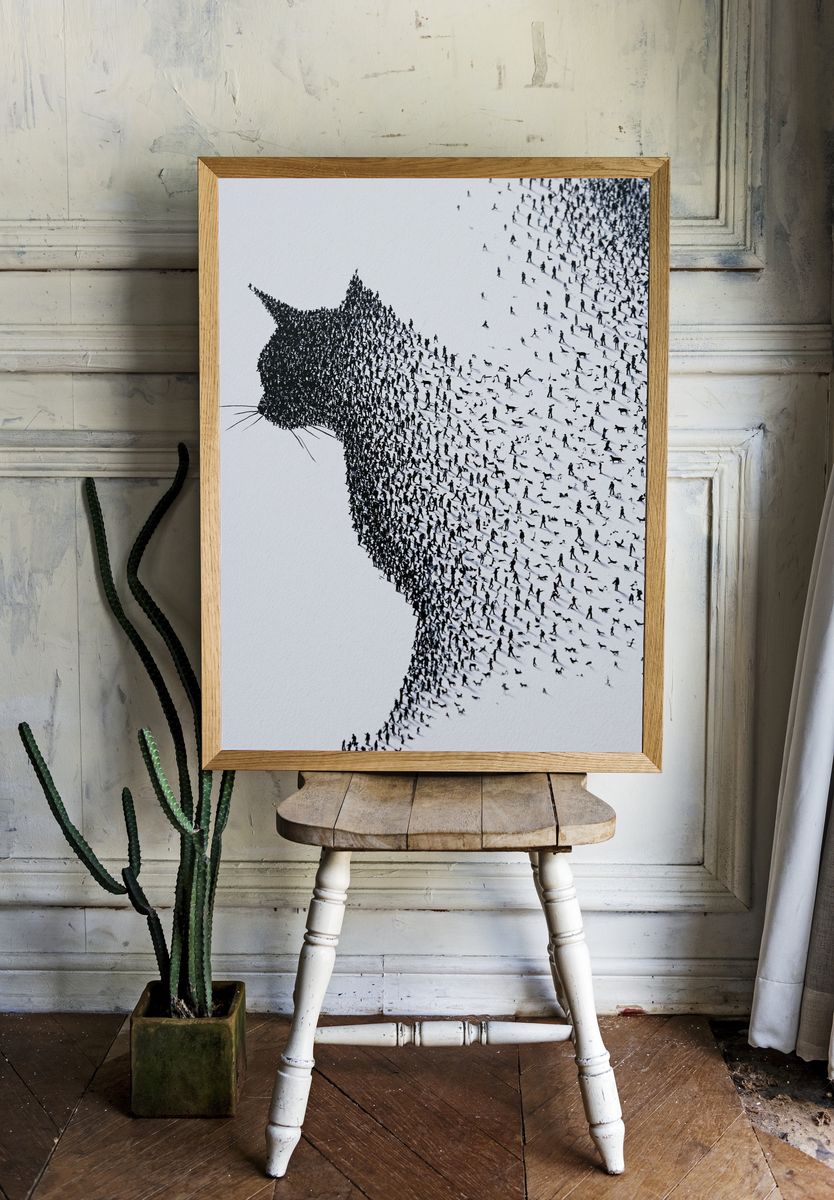 Cat Silhouette Crowd Art Print. room preview