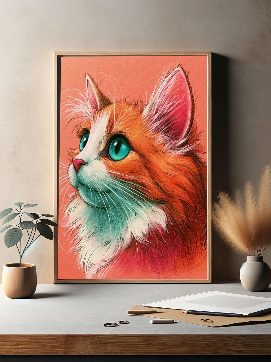Colorful Cat Portrait Illustration Poster. — room view 2