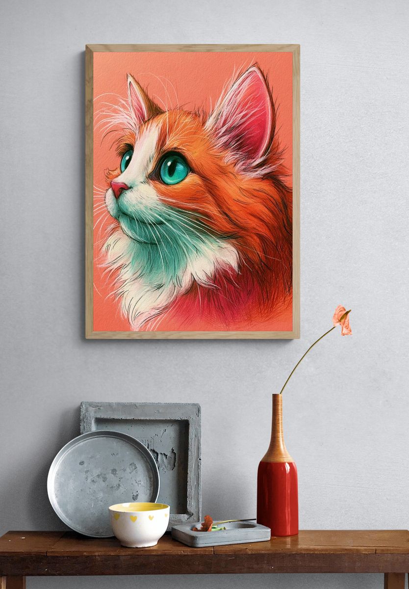 Colorful Cat Portrait Illustration Poster. — room view 3