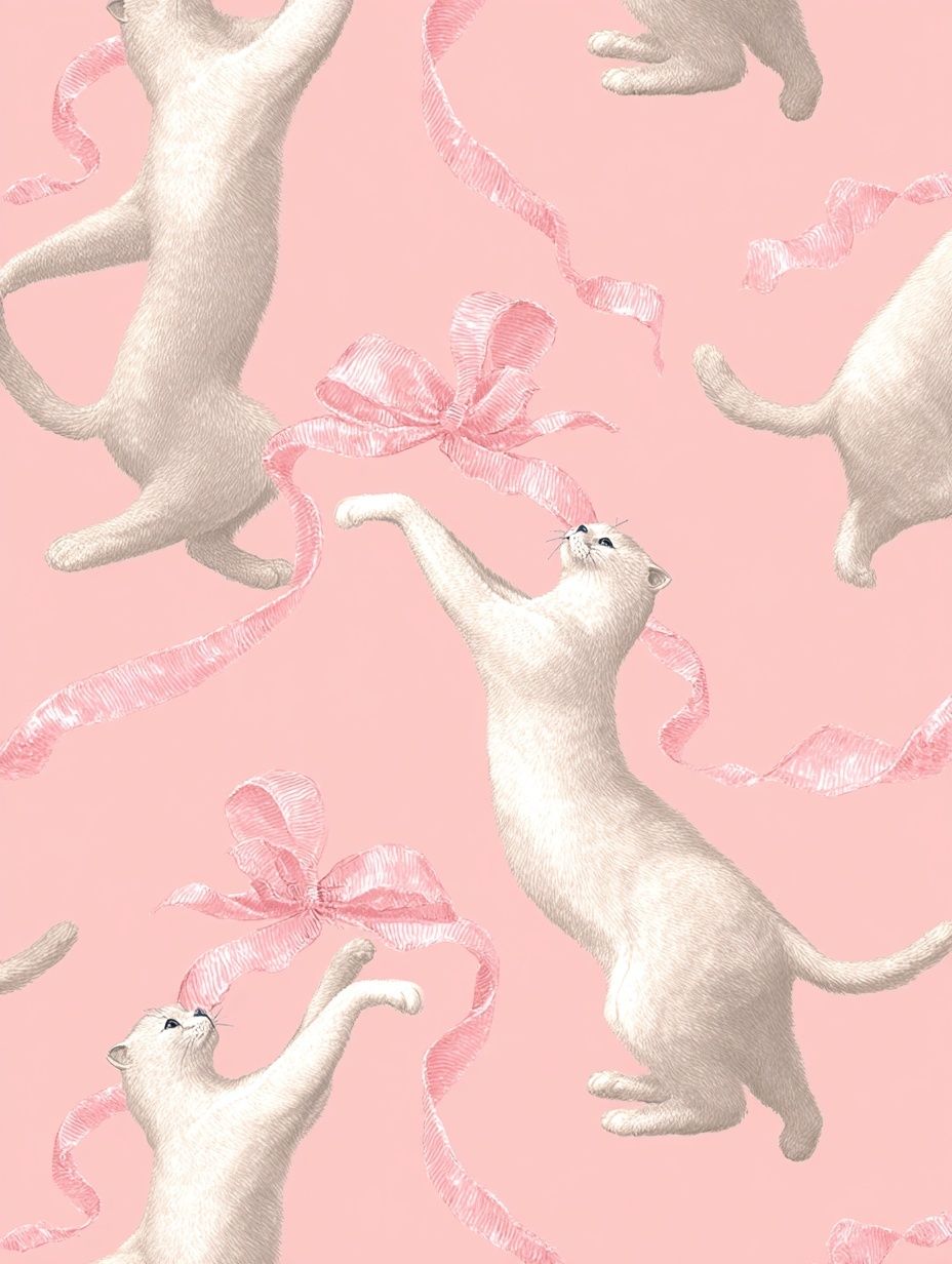 Playful Cats with Ribbon — Illustration Print. poster detail