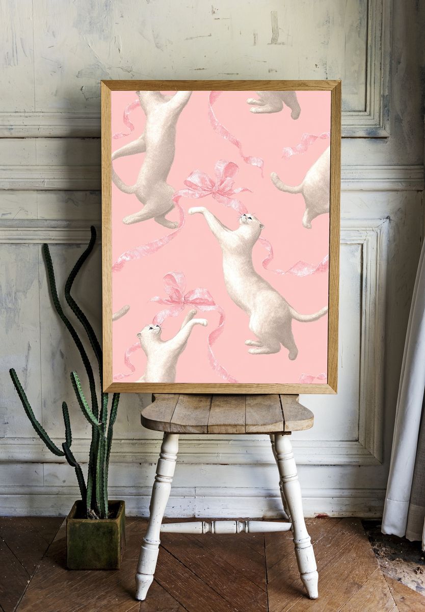 Playful Cats with Ribbon — Illustration Print. — room view 1